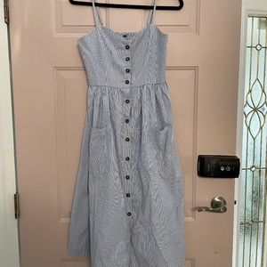 Blue + white striped midi dress